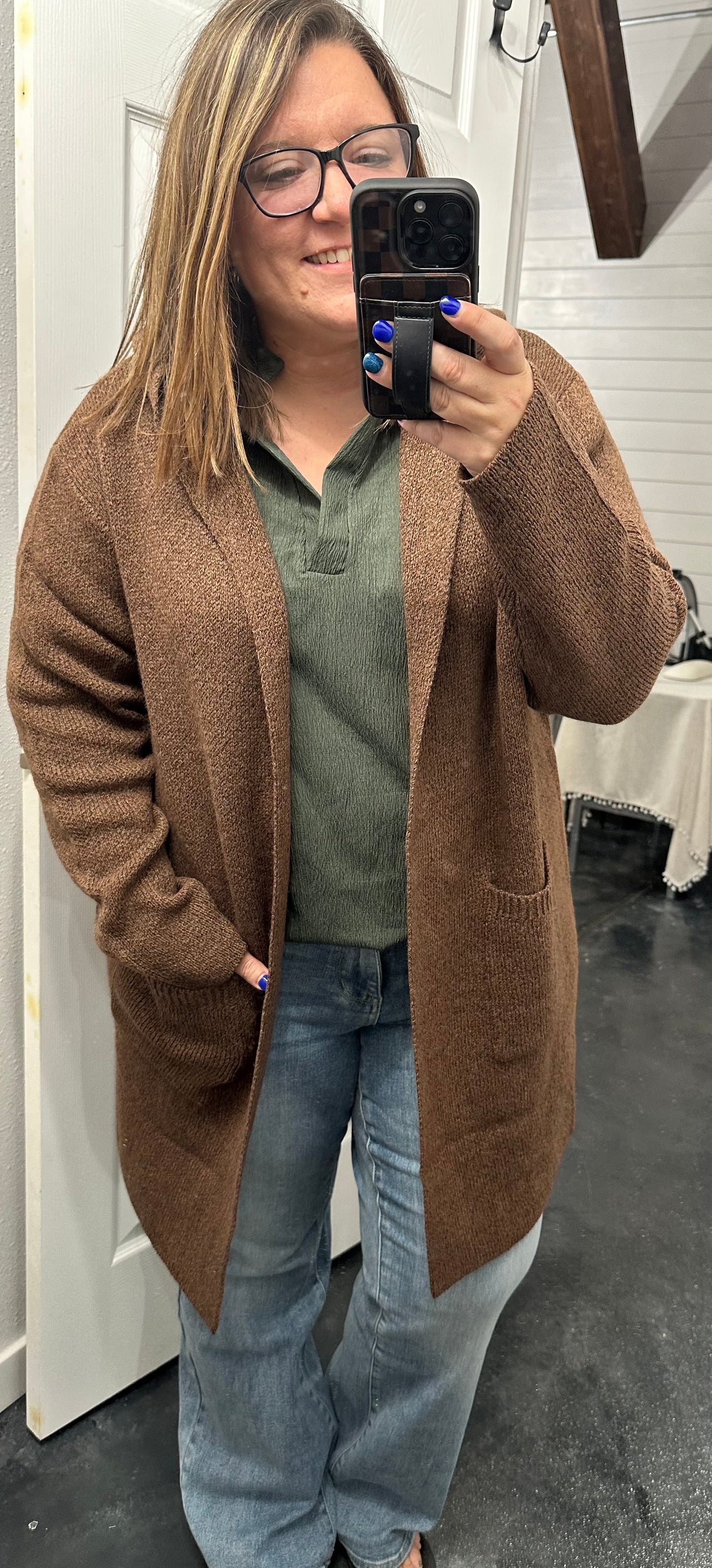 Heathered Brown Open Front Hooded Sweater Cardigan