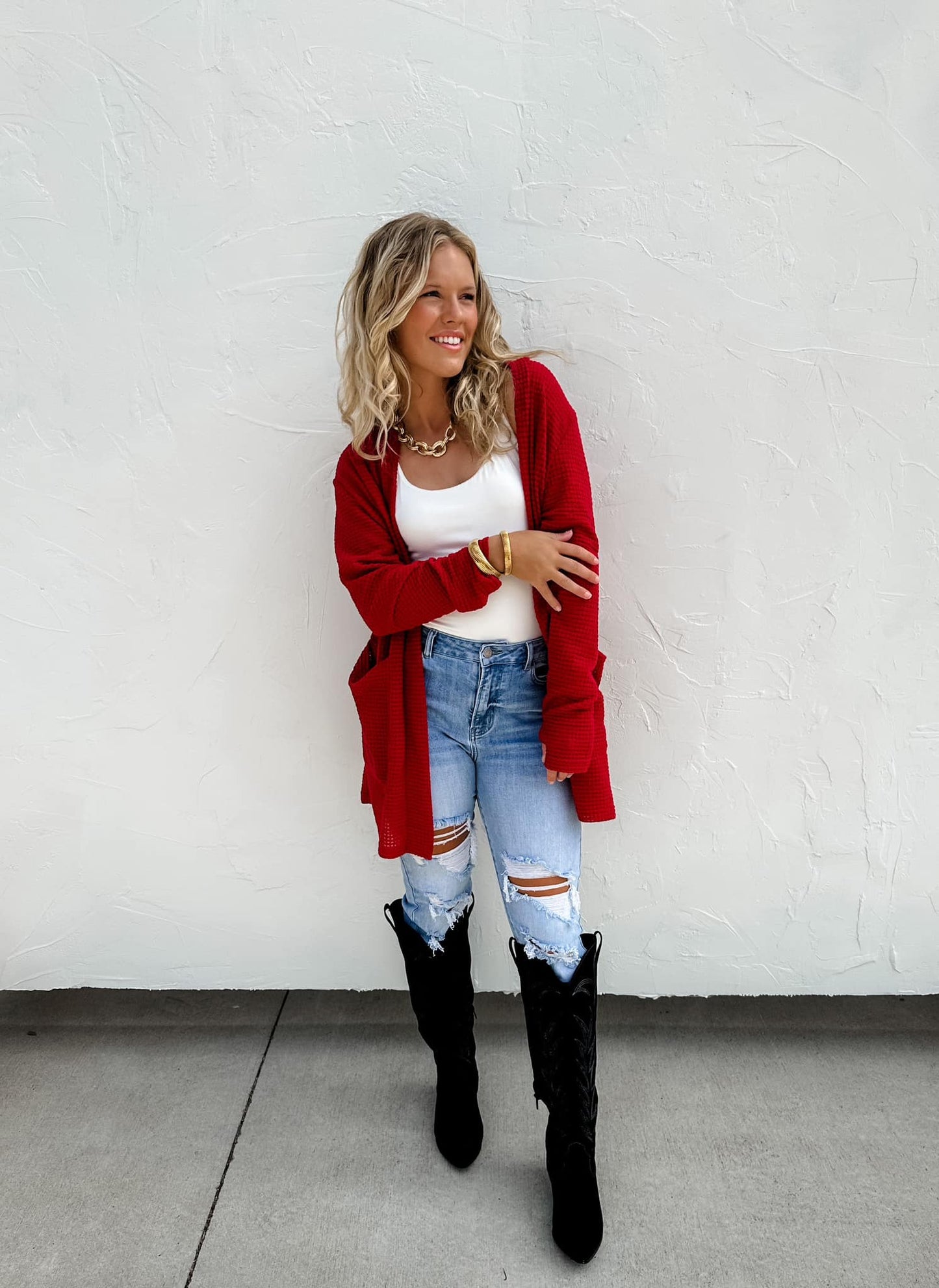 Red Lola Waffle Knit Cardigan