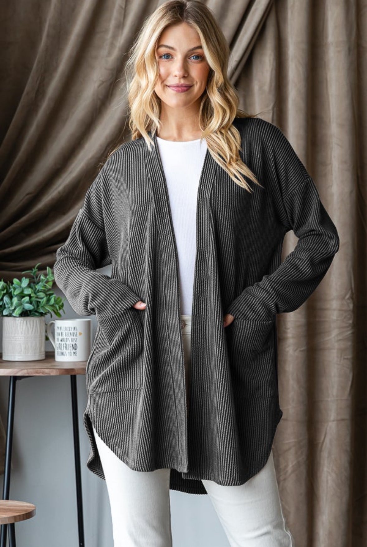 Charcoal Corded, Round Hem Cardigan