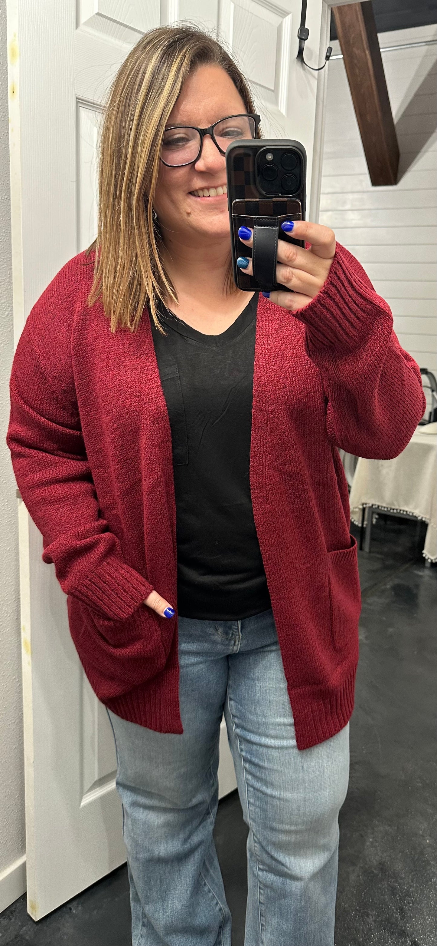 Cabernet Heathered Open Front Sweater Cardigan