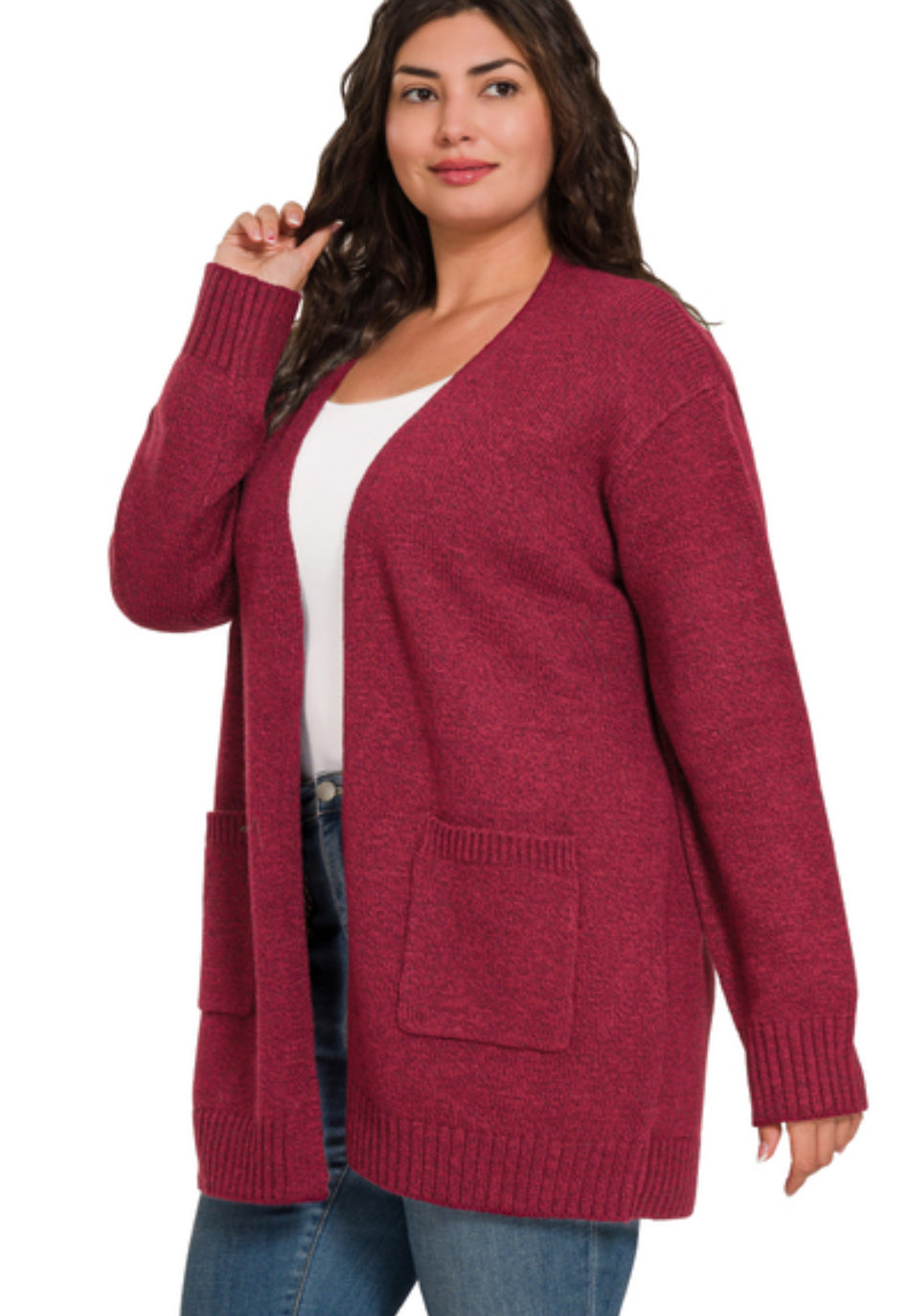 Cabernet Heathered Open Front Sweater Cardigan