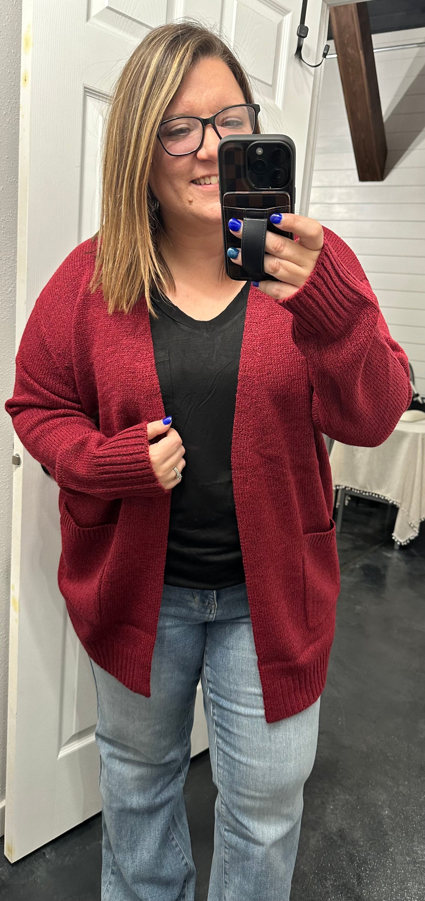 Cabernet Heathered Open Front Sweater Cardigan