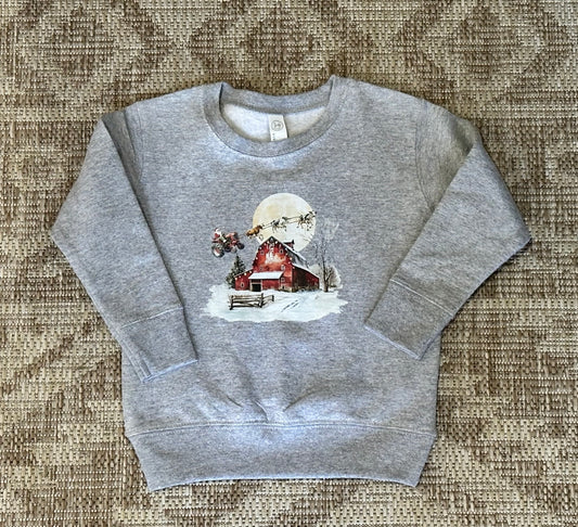 Kid's Santa On Tractor Over Barn Crewneck