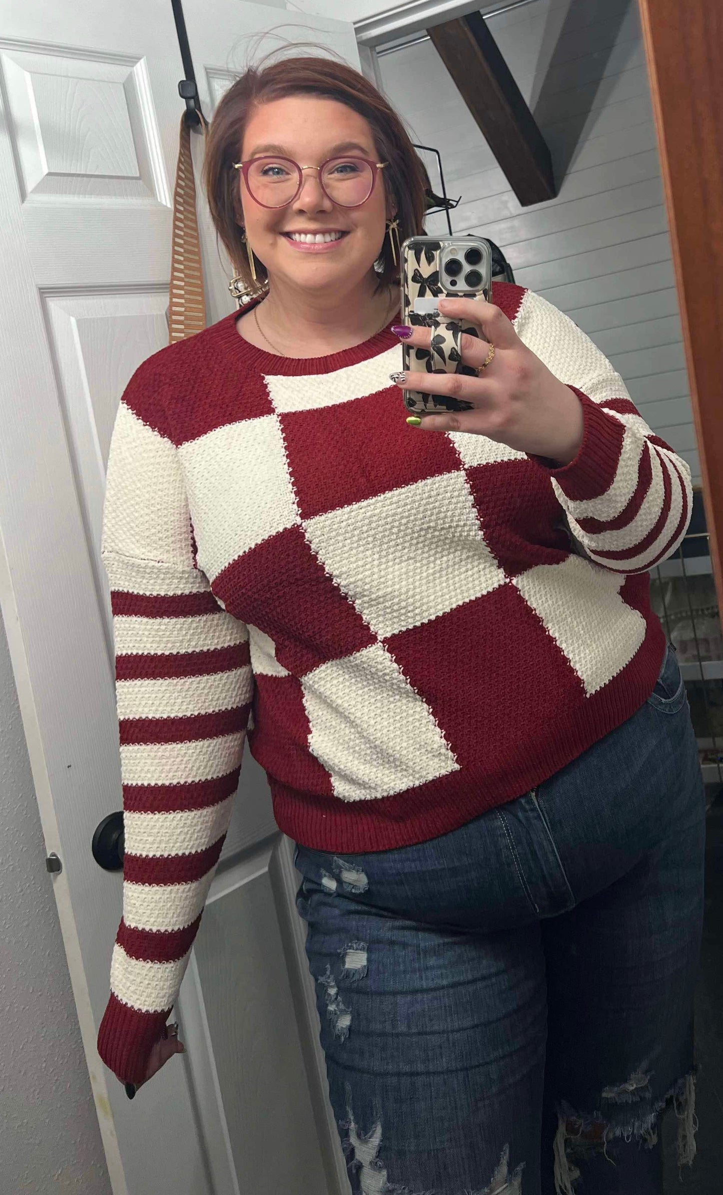 Burgundy Checkmate Striped Sweater