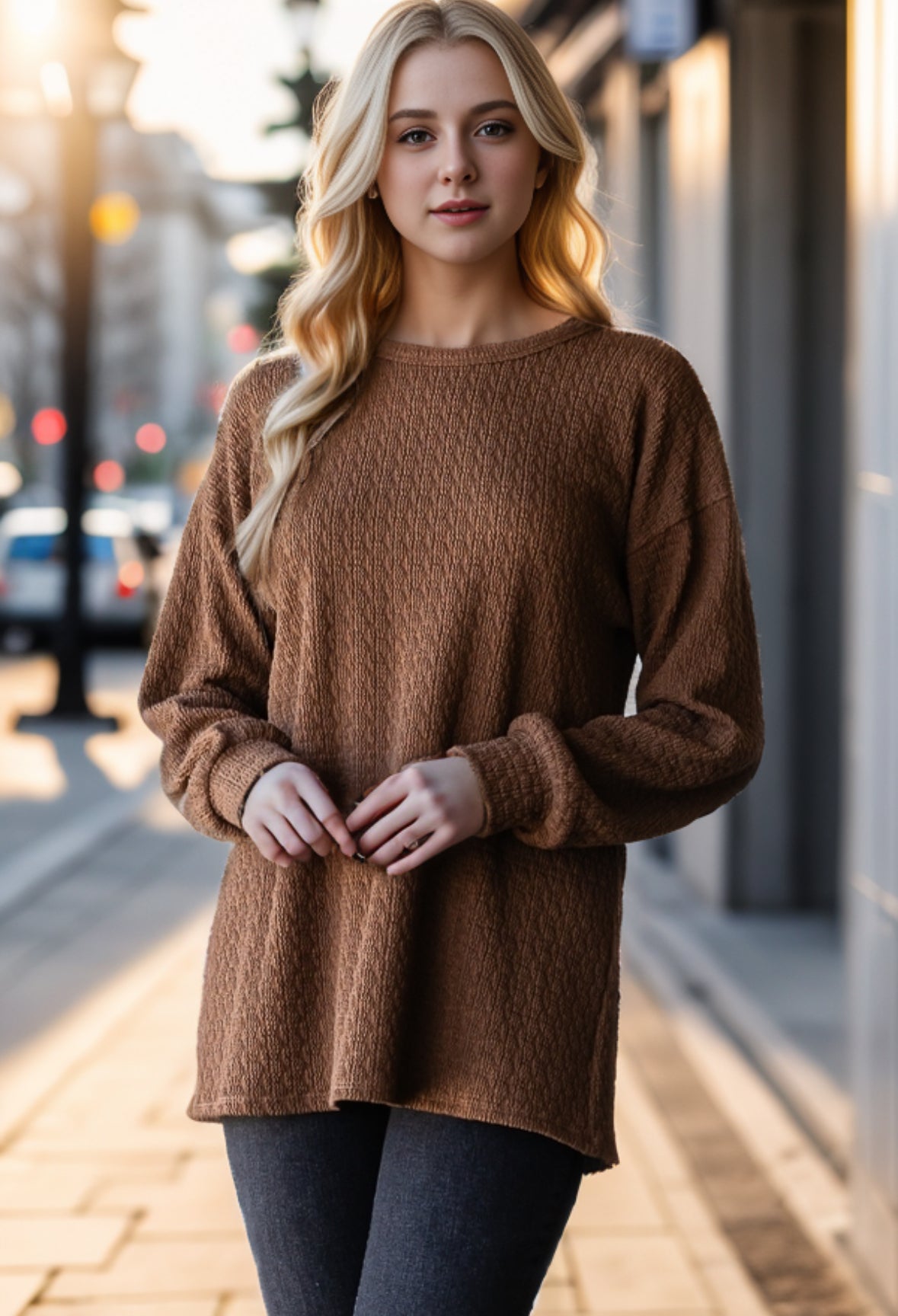 Cocoa Textured Long Sleeve Top