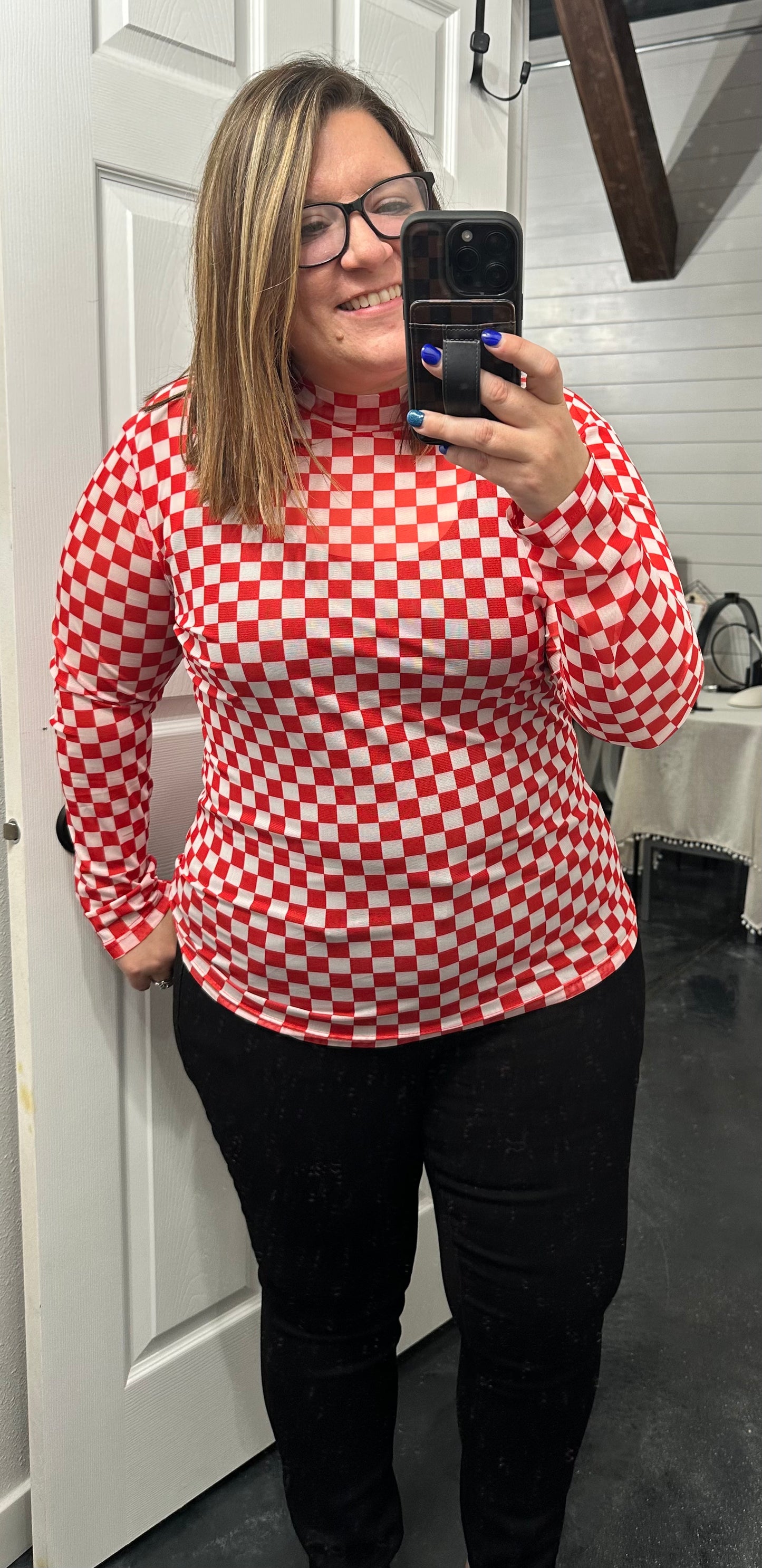 Game Day Red & White Mesh Checkered Top