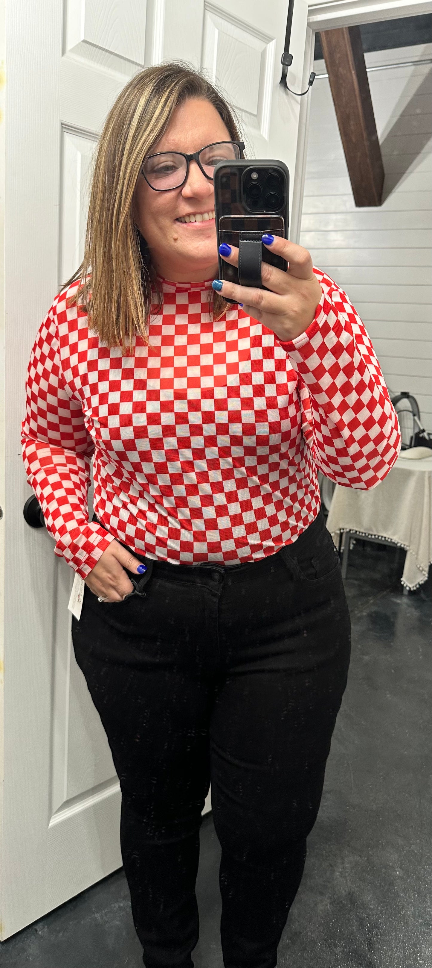 Game Day Red & White Mesh Checkered Top