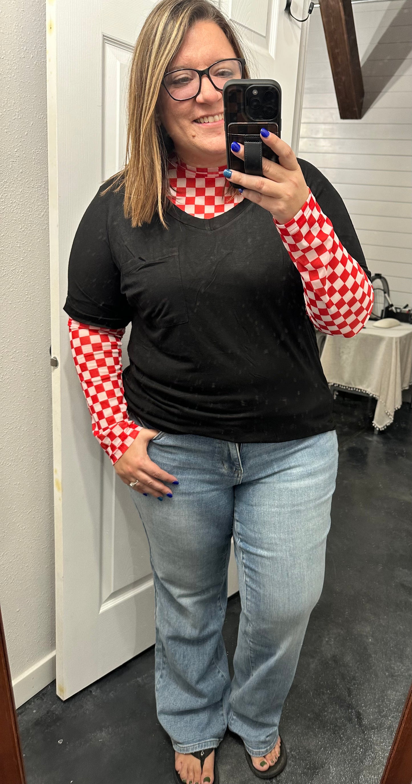 Game Day Red & White Mesh Checkered Top