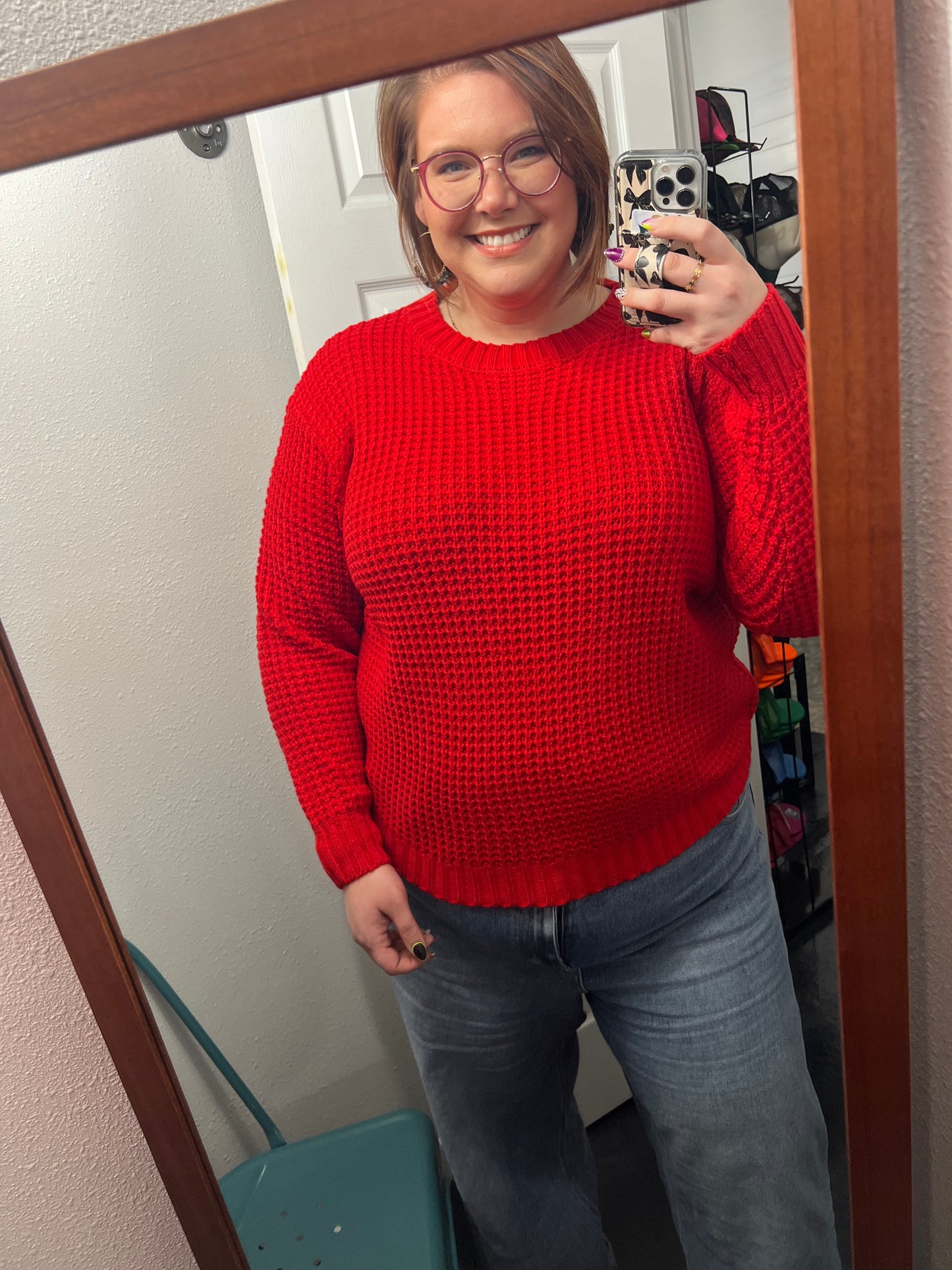 Ruby Red Waffle Loose Knit Sweater