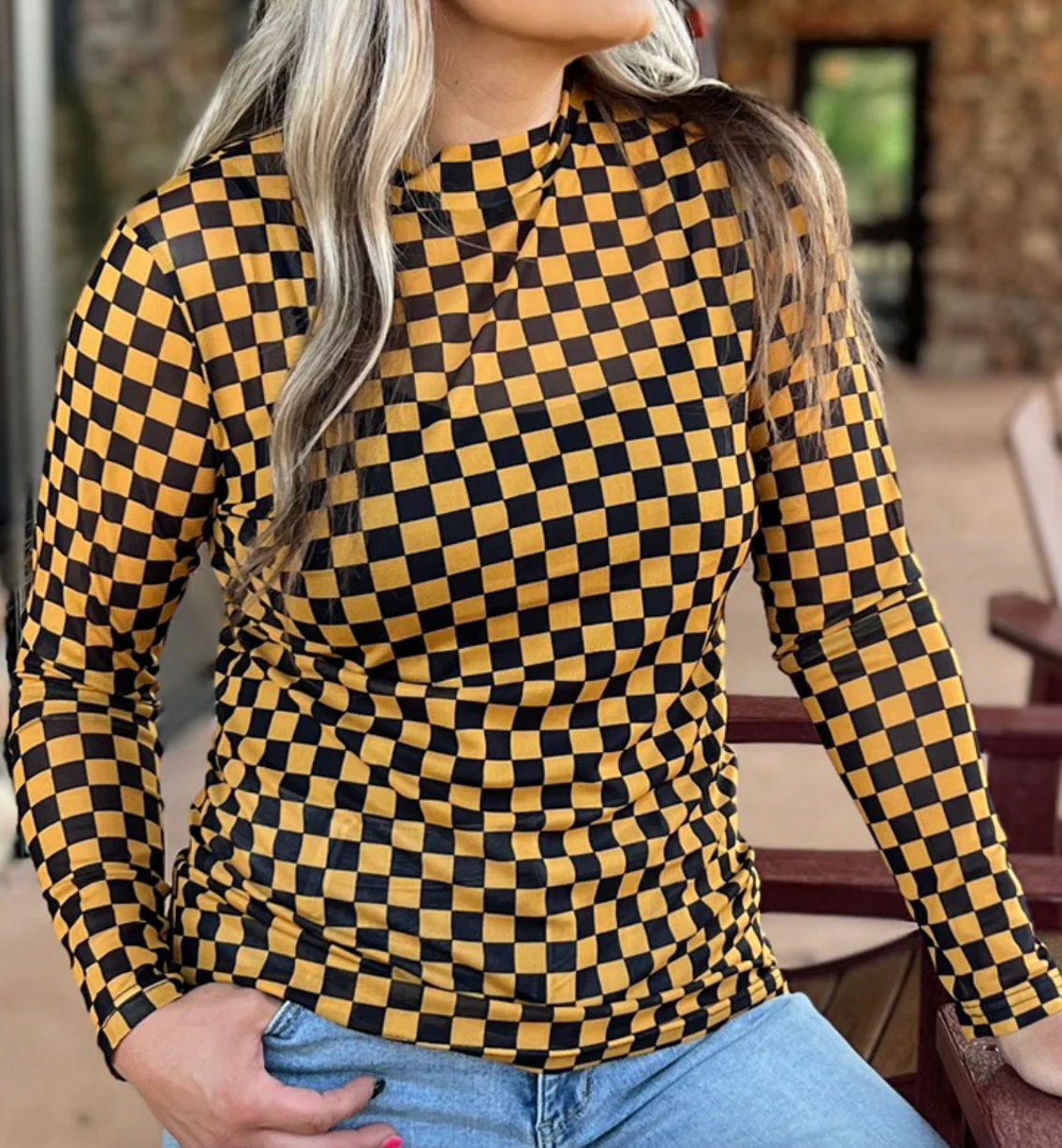 Game Day Black & Gold Mesh Checkered Top