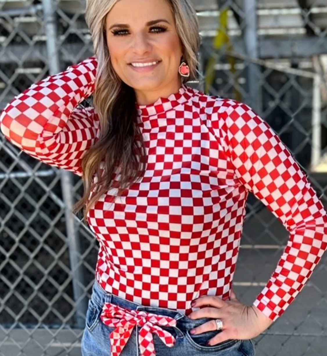 Game Day Red & White Mesh Checkered Top